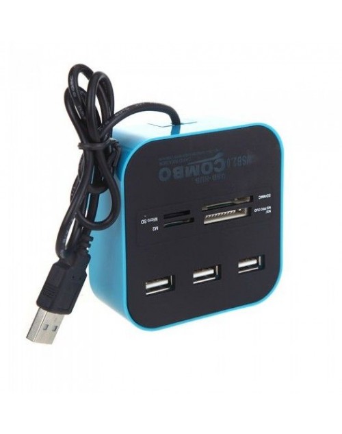 All in One Multi-card Reader with 3 Ports USB 2.0 Hub Combo for SD/MMC/M2/MS 【C1753Blue】