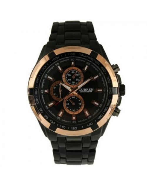 Curren Black Golden Steel Wrist Watch WV008 For Men ‫(Analog, Casual Watch)